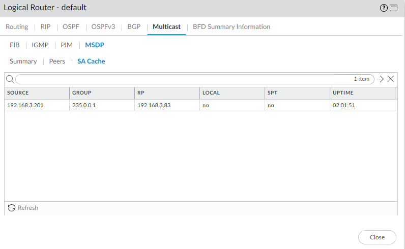 MSDP Runtime Stats - SA Cache tab.